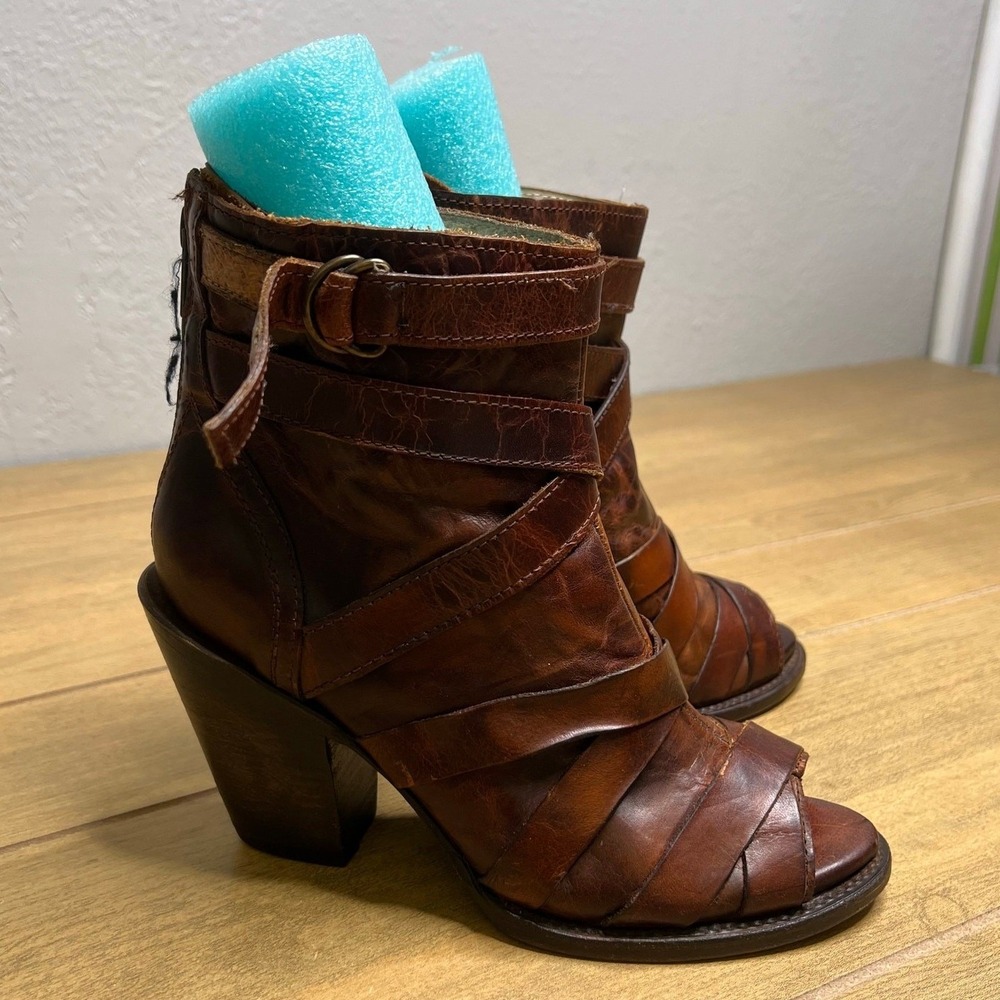 Freebird Joker Booties Women 7 Brown Leather Strappy Caged Peep Toe Block Heel